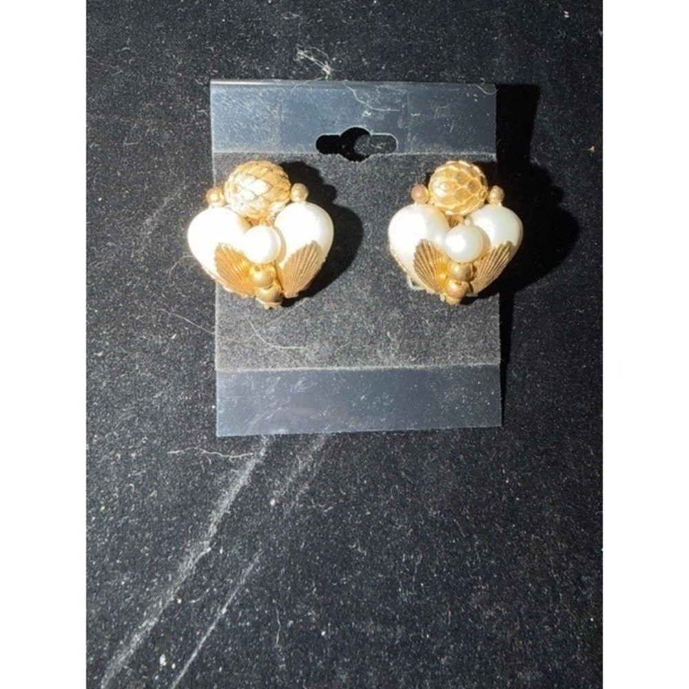Vintage Heart Shape Clip On Earrings with Faux Pearl and Gold Leaf Accents